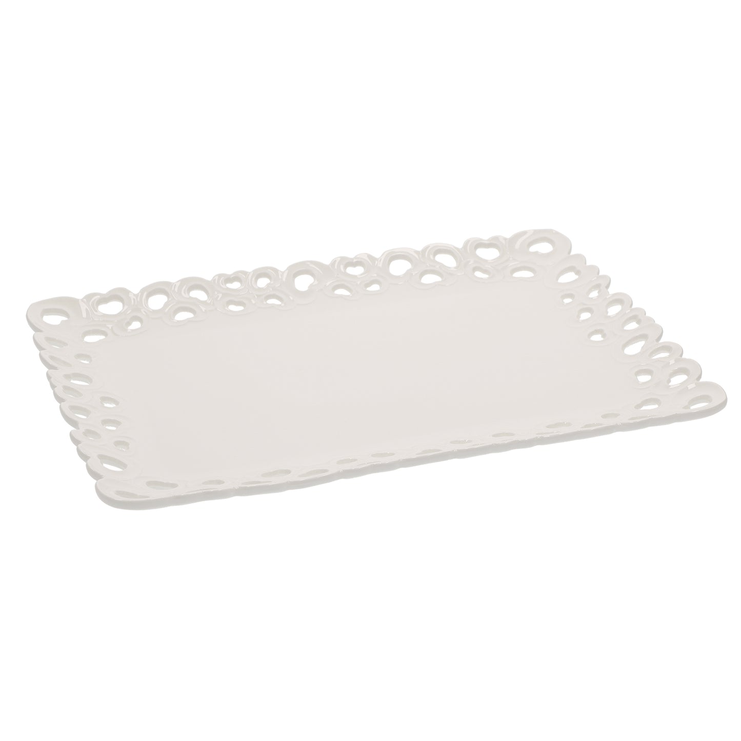 Vassoio portata rettangolare in porcellana traforata bianca. Dimensioni: 35 x 26 x h 2 cm Lavabile in lavastoviglie Utilizzabile in microonde Utilizzabile in forno tradizionale. In negozio e online su tuttochic.it