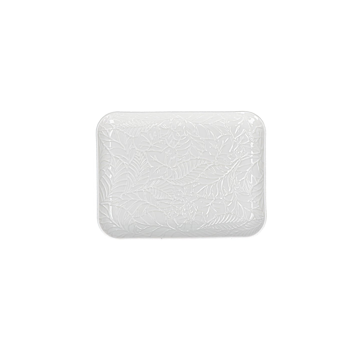 Vassoio in porcellana bianca lavorata. Dimensioni: cm 15 x 20 x h 2. Utilizzabile in forno a microonde Lavabile in lavastoviglie. In negozio e online su tuttochic.it