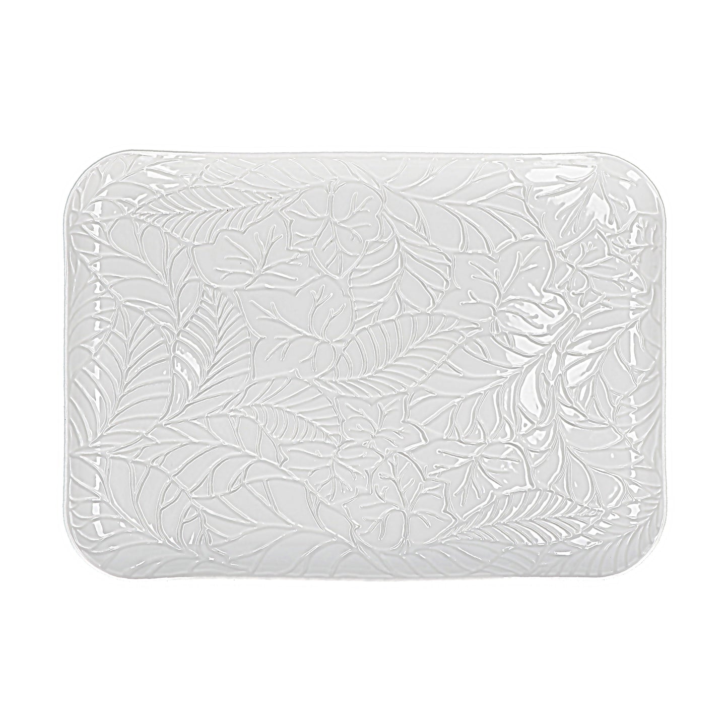 Vassoio in porcellana bianca lavorata. Dimensioni: cm 25 x 34,5 x h 2. Utilizzabile in forno a microonde. Lavabile in lavastoviglie. In negozio e online su tuttochic.it