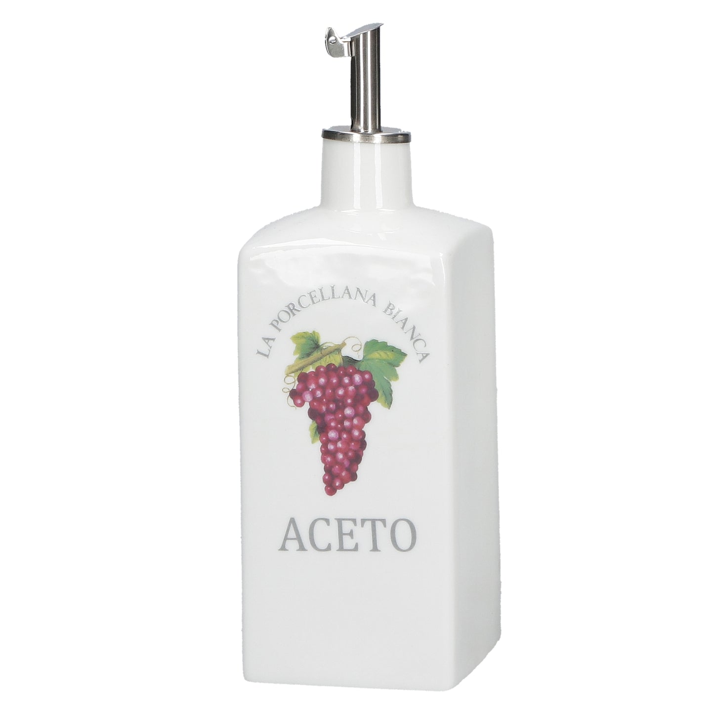 Acetiera decorata in porcellana 250 ml. Dimensioni: 6x6xh 15 cm Portano colore in cucina i funzionali barattoli Conserva, con un’intuitiva illustrazione per catalogare spezie, tè, caffè e tisane, tutti dotati di un pratico tappo a chiusura ermetica. Lavabile in lavastoviglie. In negozio e online su tuttochic.it
