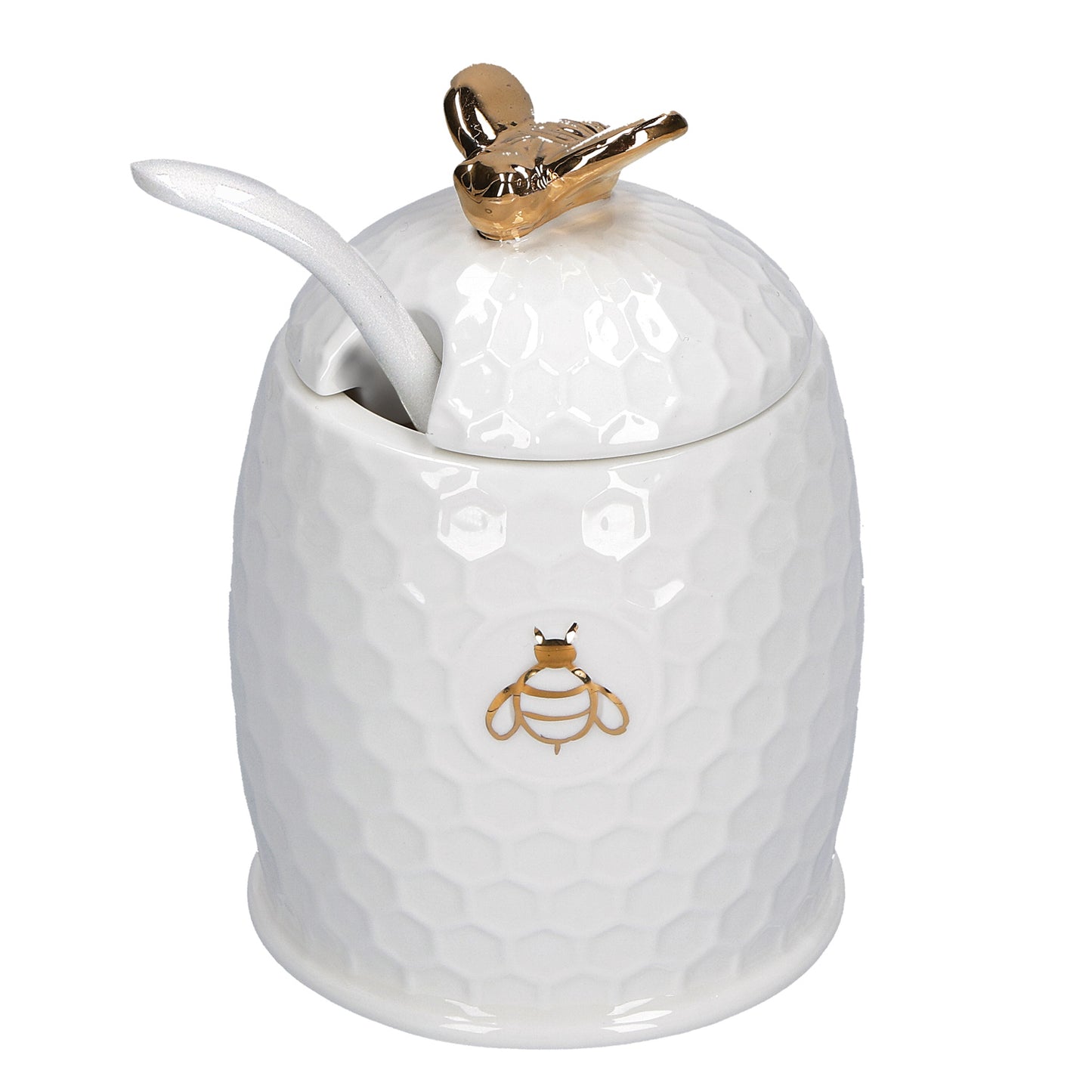 Zuccheriera in porcellana bianca con cucchiaino e con decorazioni dorate. Dimensioni: h10 cm, Ø 6,5 Lavare a mano.