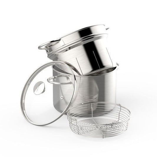 Il set Pasta e Vapore è composto da corpo in acciaio inox, robusto e duraturo; cestello vapore graduato con tagli a laser e cestello a filo, adatto alla cottura a vapore; coperchio in vetro Diametro cm 22 Fonti di calore Lavabile in Lavastoviglie. In negozio e online su tuttochic.it