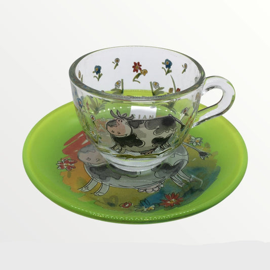 Tazzina da caffè con piattino in vetro decorato. Dimensioni: piattino Ø cm 11,5 - tazzina cm 6 x 5 h. In negozio e online su tuttochic.it