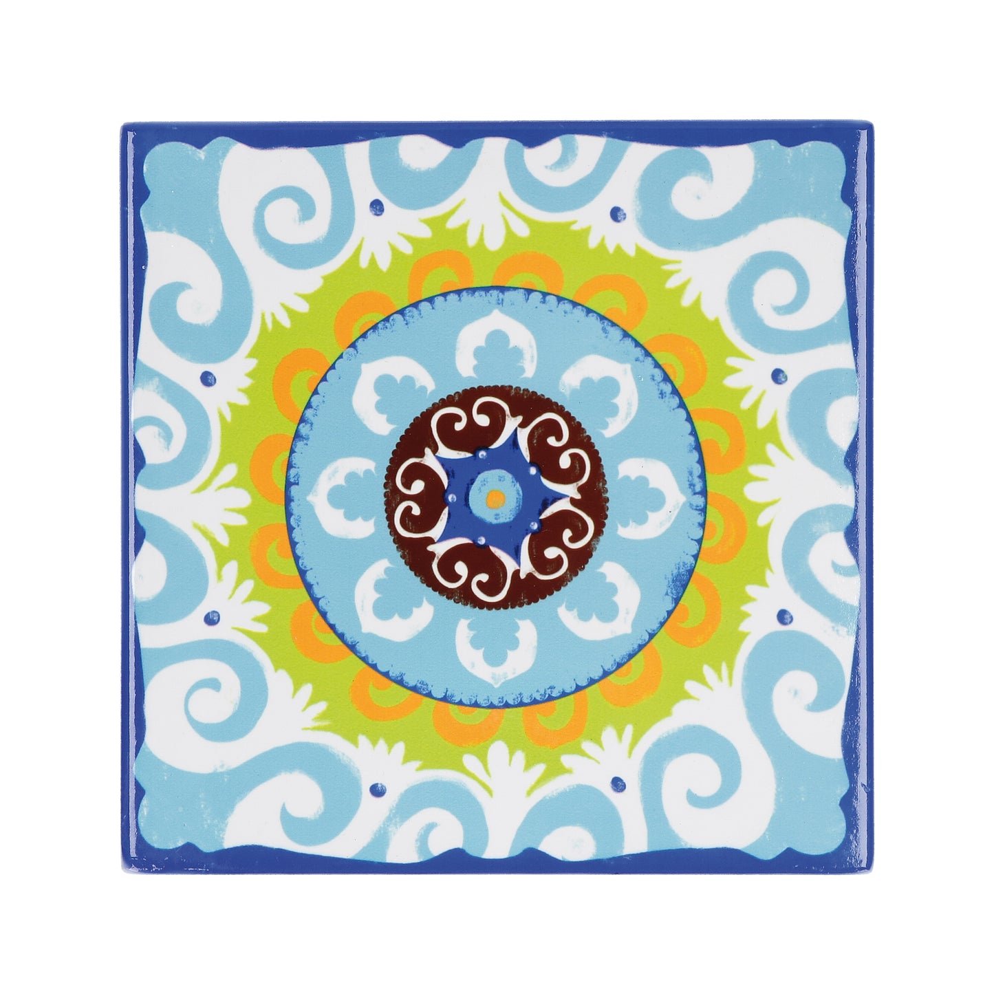 Sottopentola in ceramica decorata con fondo isolante in sughero.Dimensioni : cm. 20 x 20. Decoro mediterraneo