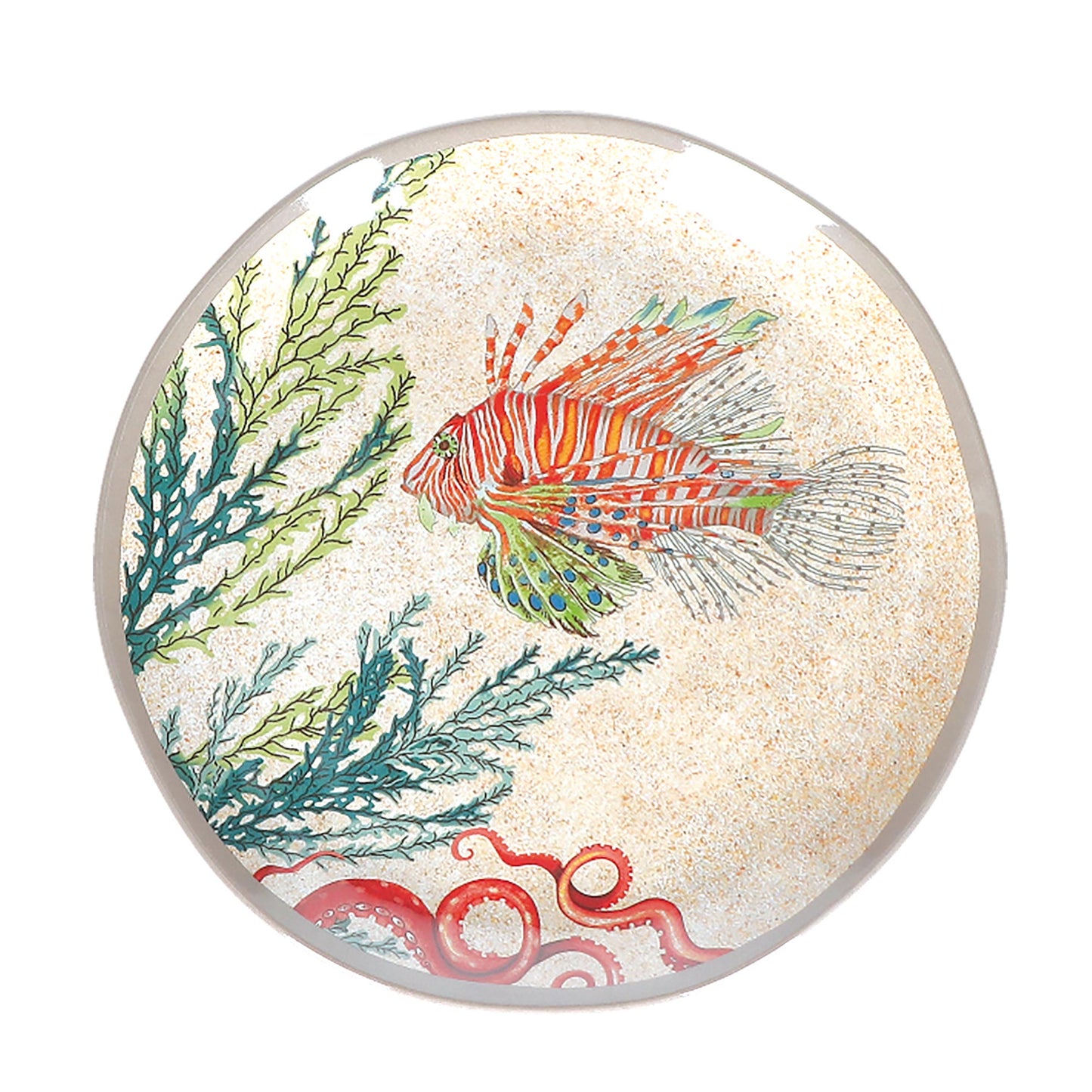 Piatto rotondo in melamina con decoro marino. La melamina, un materiale resistente, leggero, altamente igienico e di facile manutenzione. Dimensioni singolo piatto: cm 42 x h 2. Lavabile in lavastoviglie. Non Utilizzabile in microonde e in forno tradizionale. In negozio e online su tuttochic.it