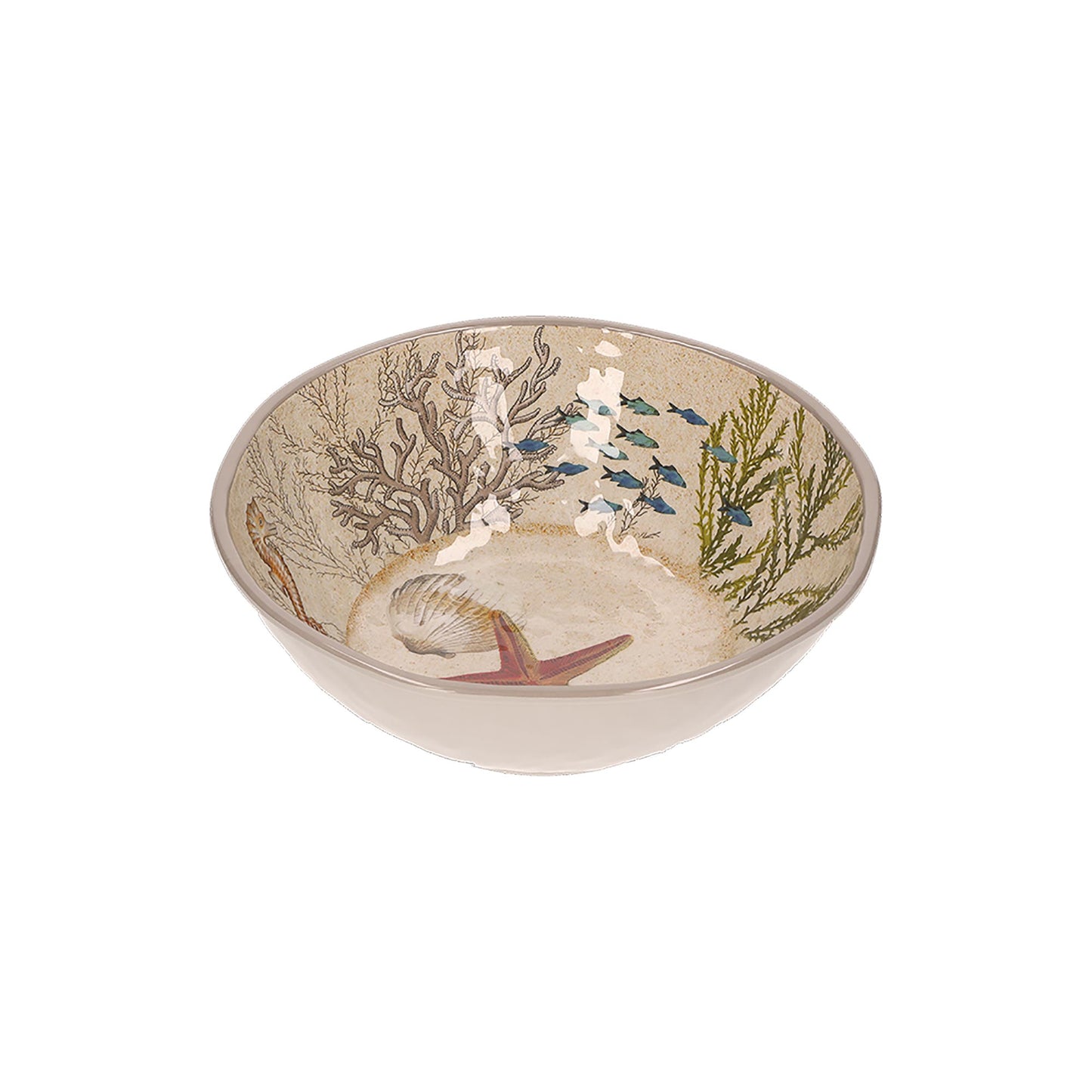 Insalatiera in melamina con decoro marino. La melamina, un materiale resistente, leggero, altamente igienico e di facile manutenzione. Dimensioni singolo piatto: cm Ø 28 x h 9,5. Lavabile in lavastoviglie. Non Utilizzabile in microonde e in forno tradizionale. In negozio e online su tuttochic.it