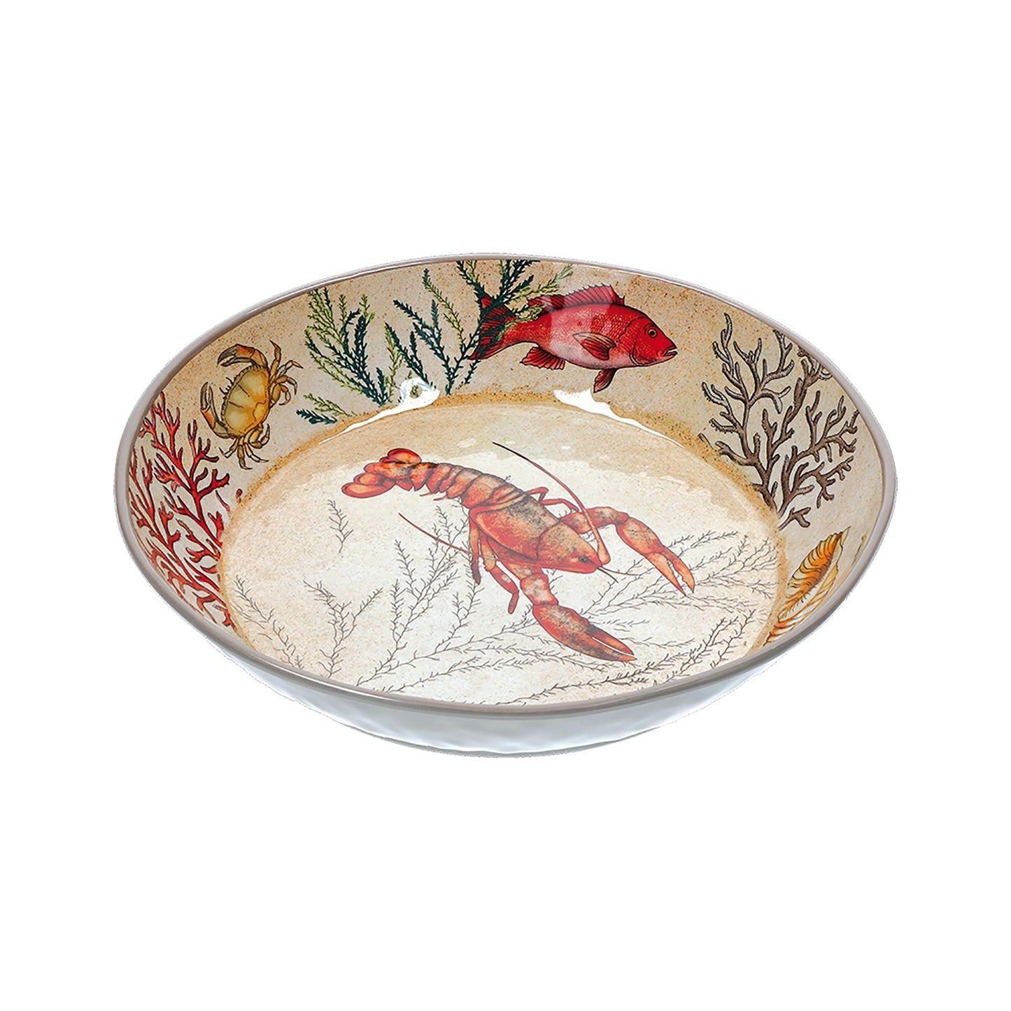 Spaghettiera in melamina con decoro marino. La melamina, un materiale resistente, leggero, altamente igienico e di facile manutenzione. Dimensioni: cm Ø 37 x h11,5. Lavabile in lavastoviglie. Non Utilizzabile in microonde e in forno tradizionale. In negozio e online su tuttochic.it