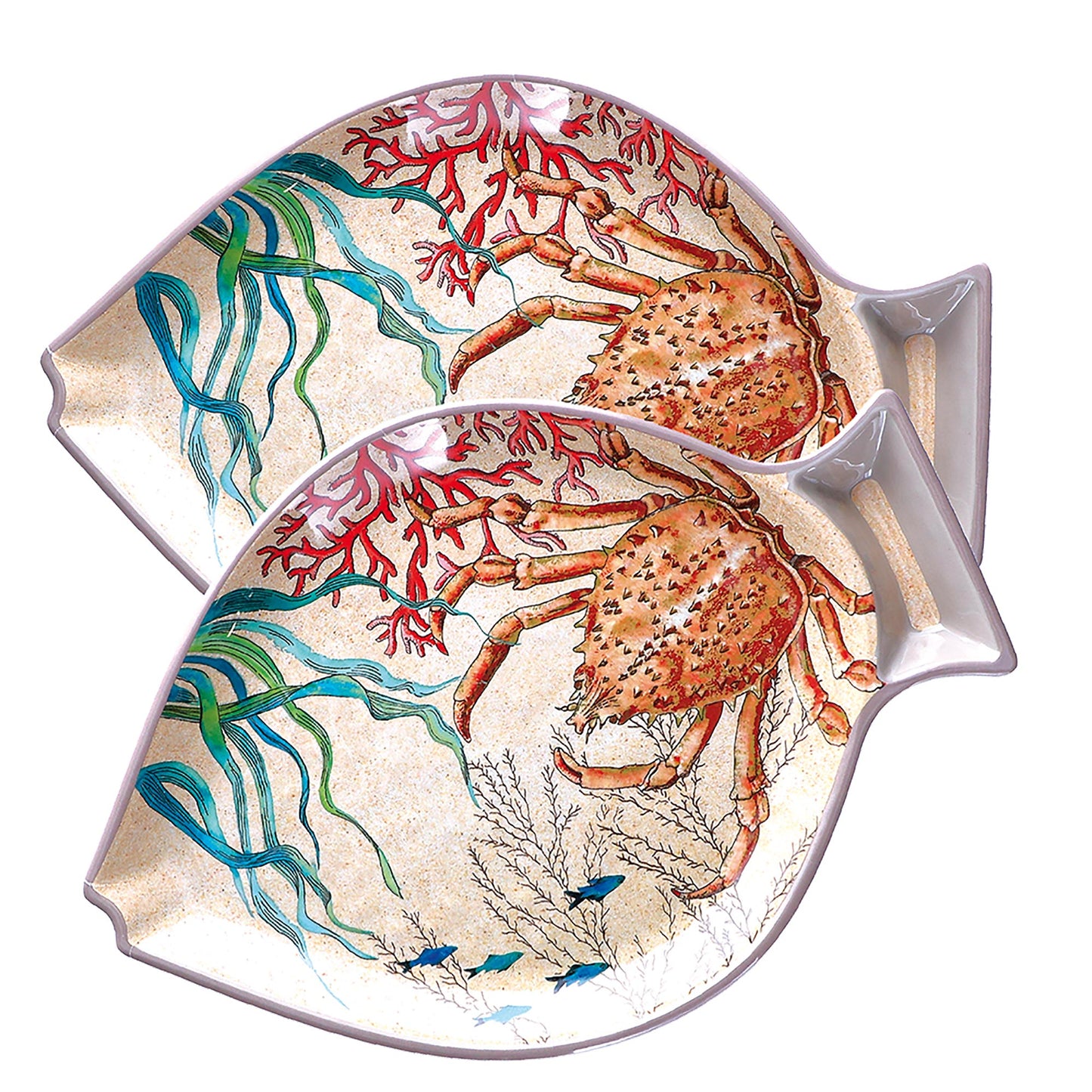 Set di 2 piatti a forma di pesce in melamina con decoro marino. La melamina, un materiale resistente, leggero, altamente igienico e di facile manutenzione. Dimensioni singolo piatto: cm 33 x 23 x h 2,4. Lavabile in lavastoviglie. Non Utilizzabile in microonde e in forno tradizionale. In negozio e online su tuttochic.it