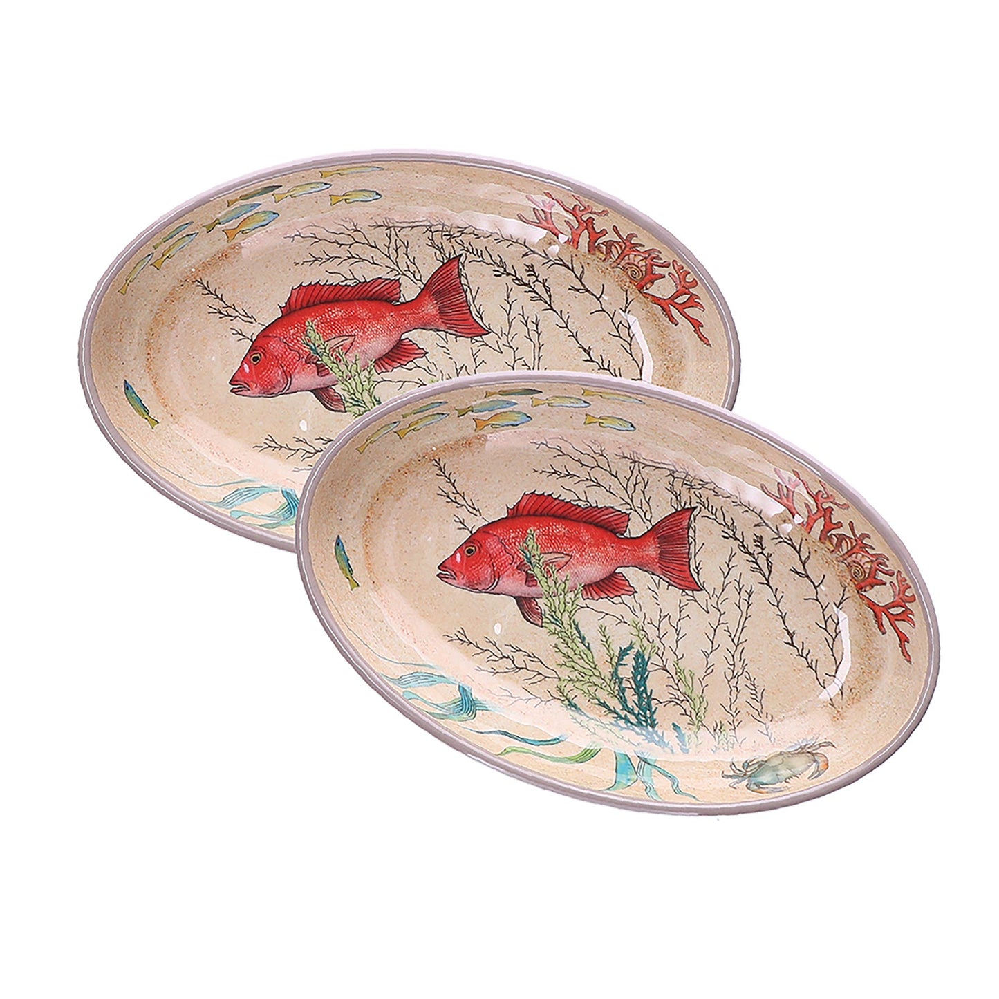 Set di 2 Piatti fondi ovali in melamina con decoro marino. La melamina, un materiale resistente, leggero, altamente igienico e di facile manutenzione. Dimensioni singolo piatto: cm 24 x 15 x h 4,5. Lavabile in lavastoviglie. Non Utilizzabile in microonde e in forno tradizionale. In negozio e online su tuttochic.it