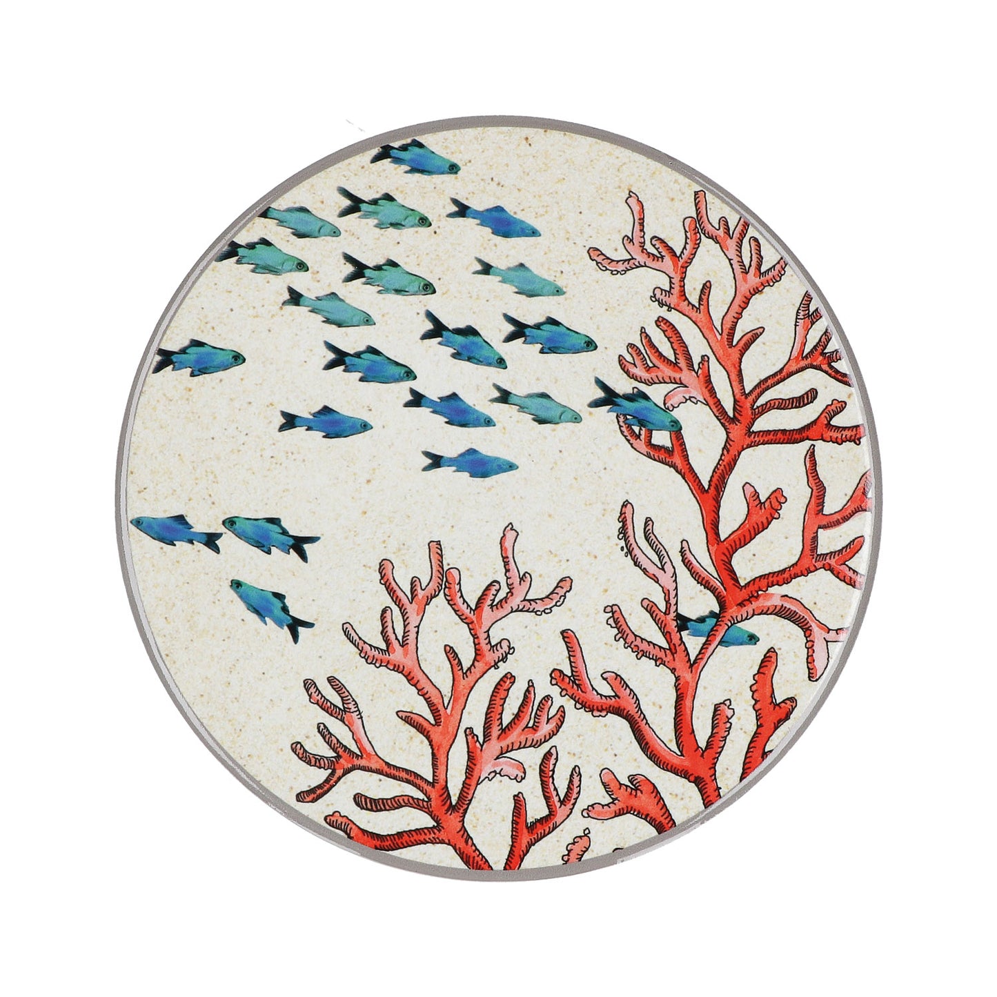 Sottopentola tondo in ceramica decorata con tema corallo, fondo isolante in sughero. Dimensioni : diametro cm. 20 Lavare a mano. In negozio e online su tuttochic.it