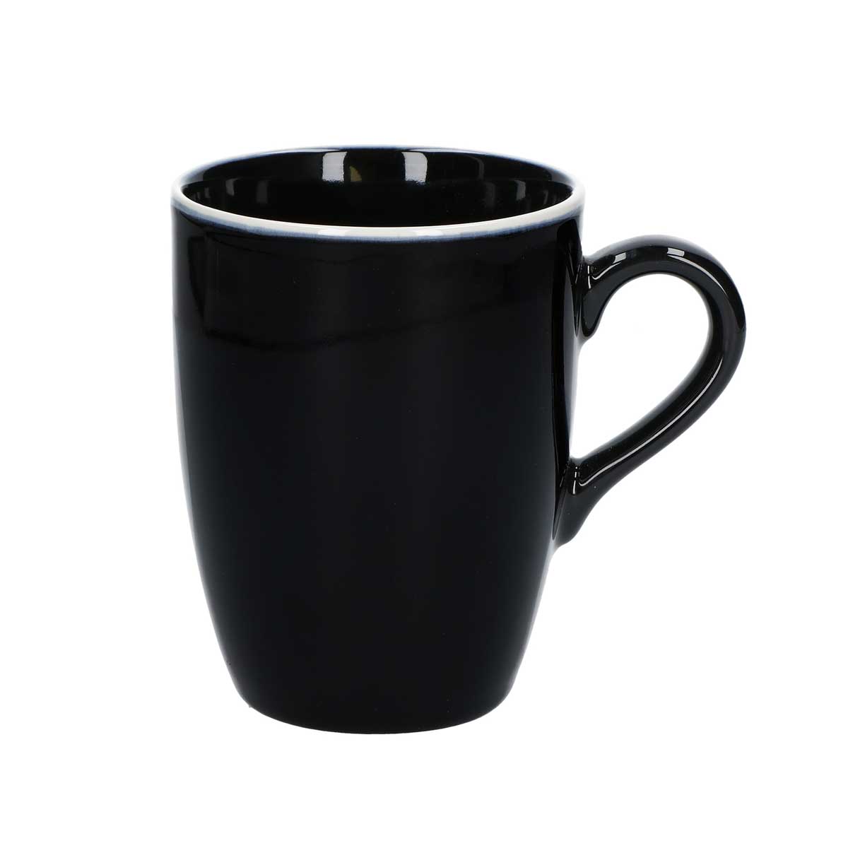 Mug in porcellana di colore nero lucido e bordo bianco. Capacità: 350 cc Diametro: 8,5 cm. In negozio e online su tuttochic.it