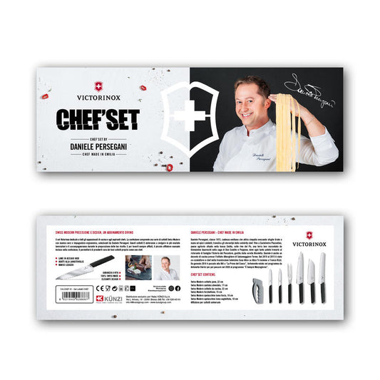 Il set Victorinox dedicato a tutti gli appassionati di cucina e agli aspiranti chefs. La confezione comprende una serie di 6 coltelli Swiss Modern selezionati da Daniele Persegani. E per tenerli sempre affilati, il piccolo affilatore manuale incluso nella confezione. In negozio e online su tuttochic.it