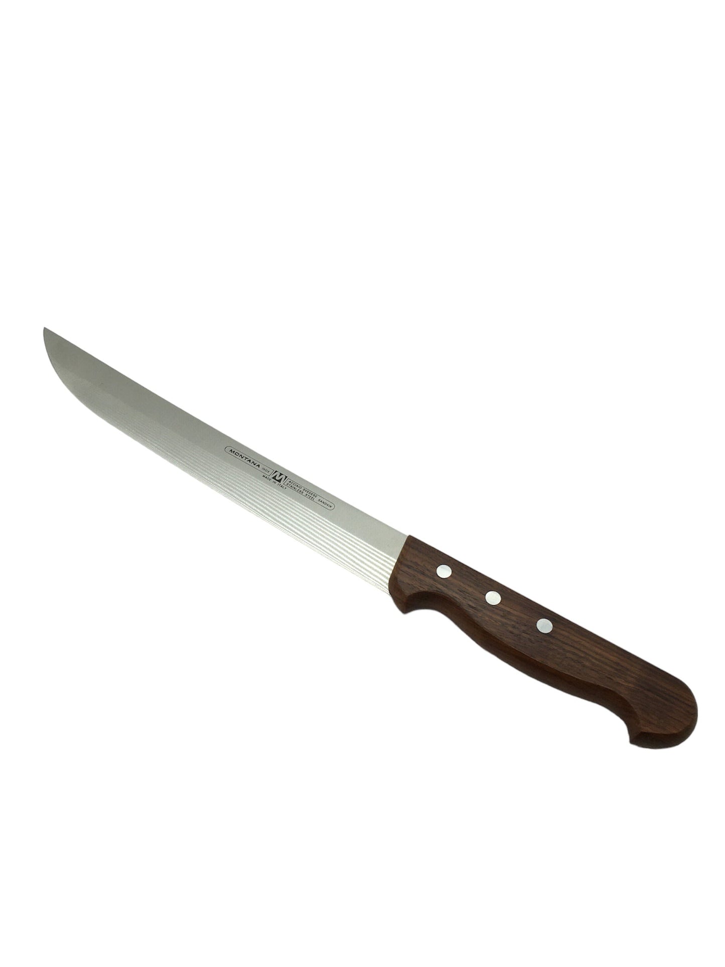 Coltello per affettare l'arrosto. Dimensioni: solo lama cm 23 x 2,7 - con manico cm 34,5 x 3. La linea Classica è caratterizzata da: lame realizzate in speciale acciaio inossidabile svedese Sandvik e manici realizzati in pregio palissandro indiano stagionato. In negozio e online su tuttochic.it