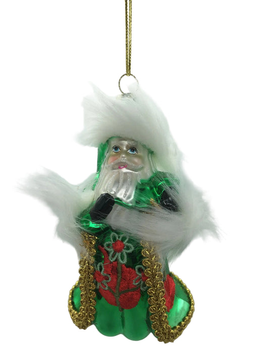 Decoro Babbo Natale in vetro decorato cm. 14 x 8. Il prodotto può essere sia appeso all'albero di Natale che poggiato su un piano.