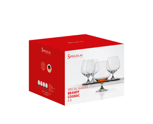 Set di 4 calici da brandy in vetro cristallino. Dimensioni: mm 101 x 154 h - Capacità: 558 ml. Lavabile in lavastoviglie