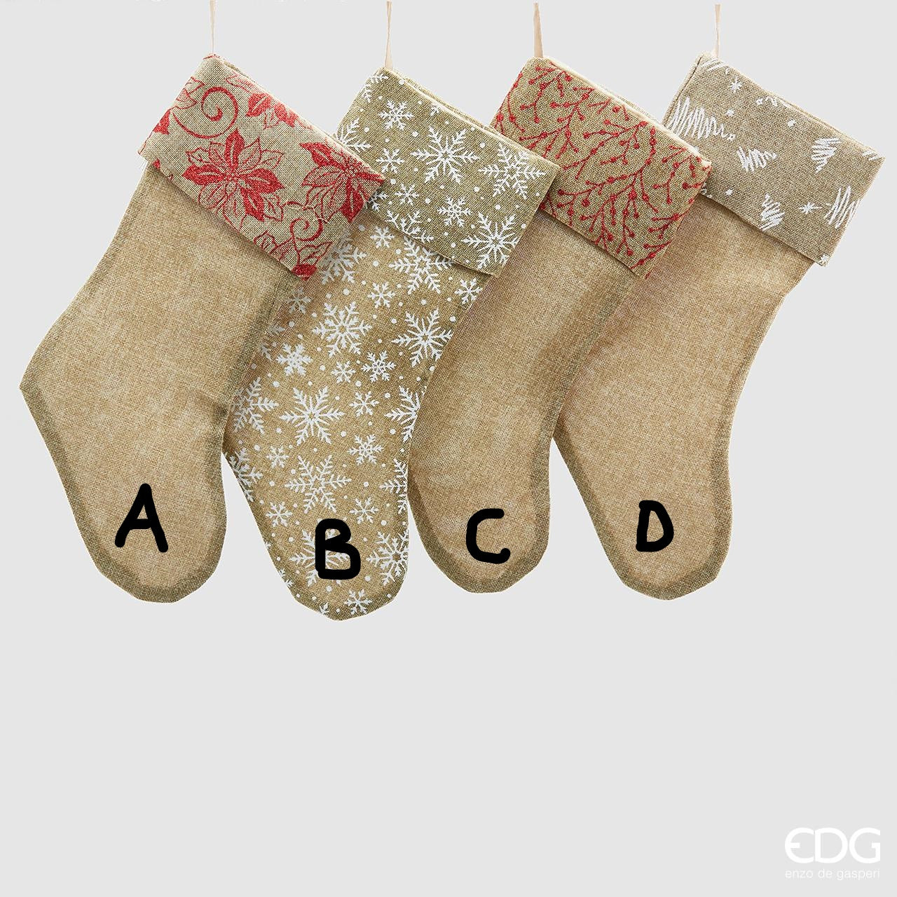 Calza di natale in tessuto juta decori assortiti. Dimensioni: cm 43 x 18