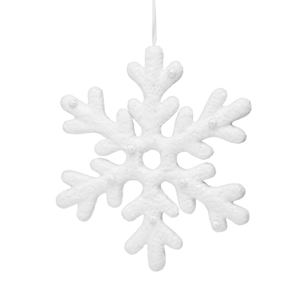 Fiocco di neve in polisterolo ricoperto di pizzo bianco e glitter. Dimensione / Diametro esterno in cm: 29. In negozio e online su tuttochic.it