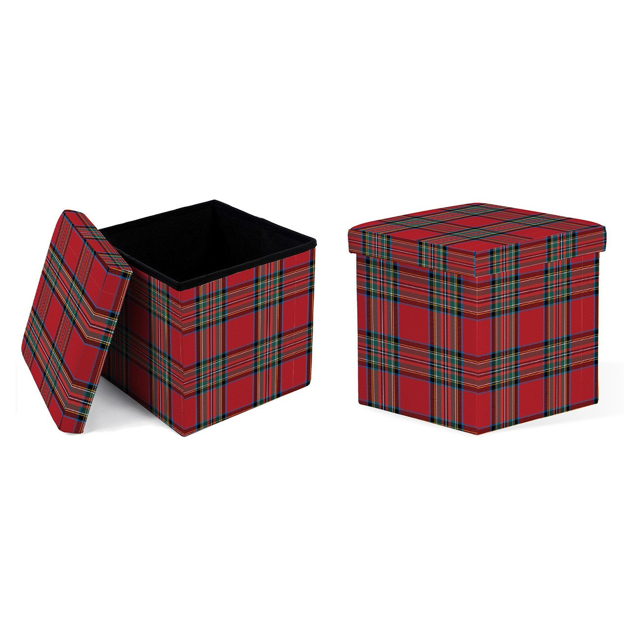 Cubo contenitore pieghevole in pvc stampato effetto similpelle di colore Tartan rosso scozzese, interno in mdf. Utilizzabile anche come sgabello (max 120 Kg). Dimensioni: cm 38 x 38 x 38. In negozio e online su tuttochic.it