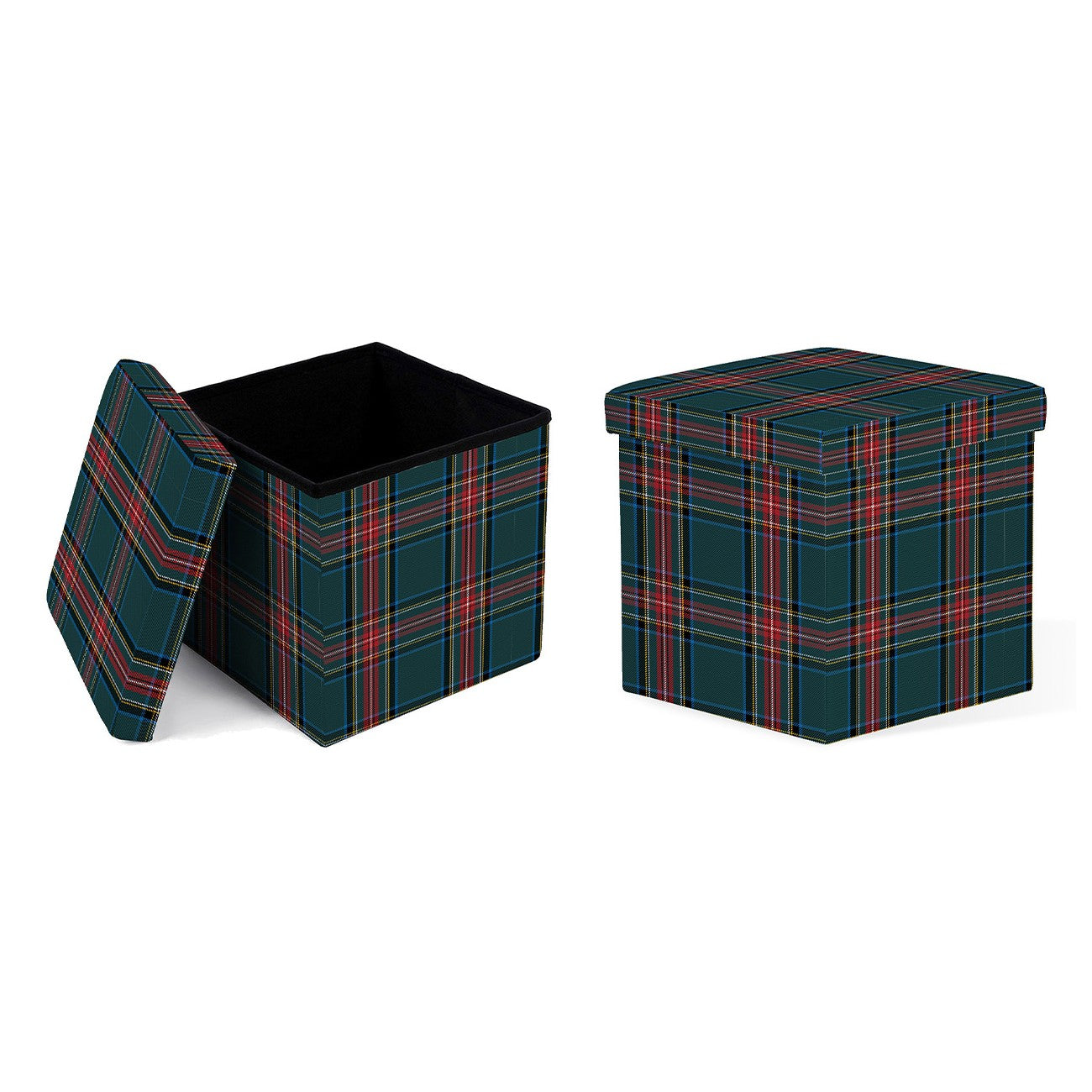 Cubo contenitore pieghevole in pvc stampato effetto similpelle di colore Tartan verde scozzese, interno in mdf. Utilizzabile anche come sgabello (max 120 Kg). Dimensioni: cm 38 x 38 x 38. In negozio e online su tuttochic.it