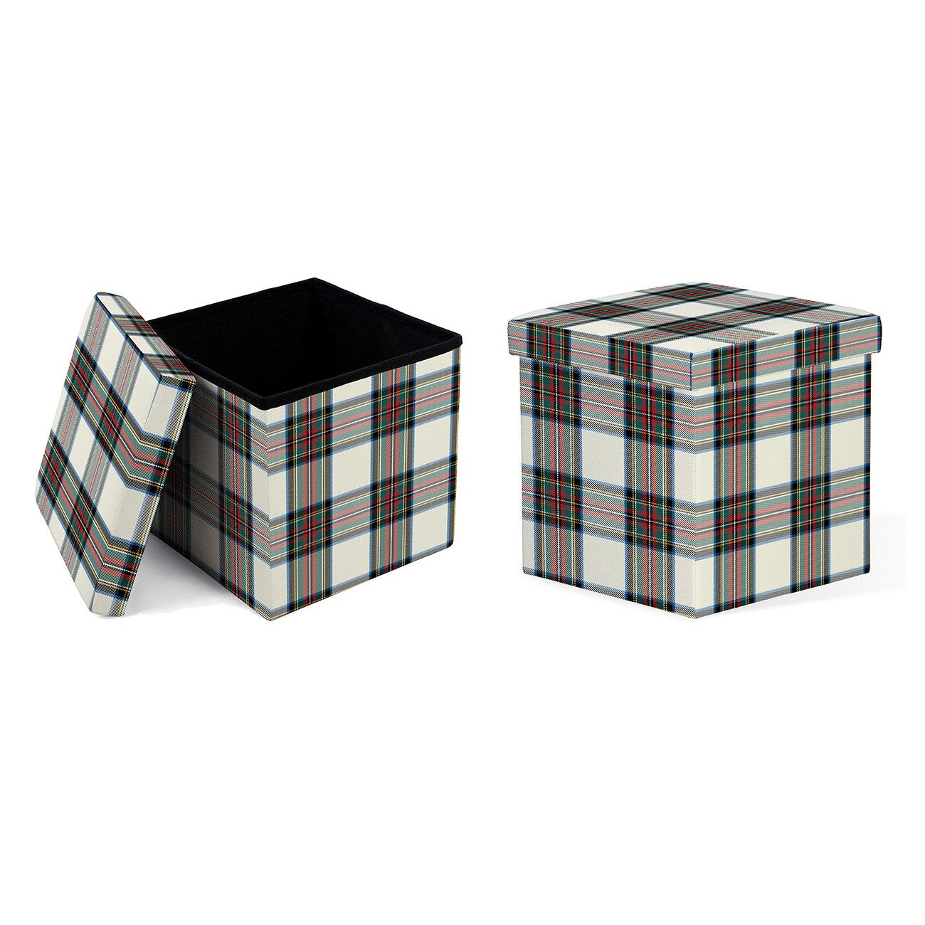 Cubo contenitore pieghevole in pvc stampato effetto similpelle di colore Tartan naturale scozzese, interno in mdf. Utilizzabile anche come sgabello (max 120 Kg). Dimensioni: cm 38 x 38 x 38. In negozio e online su tuttochic.it