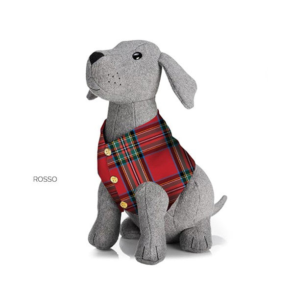 Fermaporta a forma di cagnolino in poliestere di colore grigio e gilè di colore tartan rosso scozzese. Dimensioni: cm 18 x 25 x 25h. In negozio e online su tuttochic.it