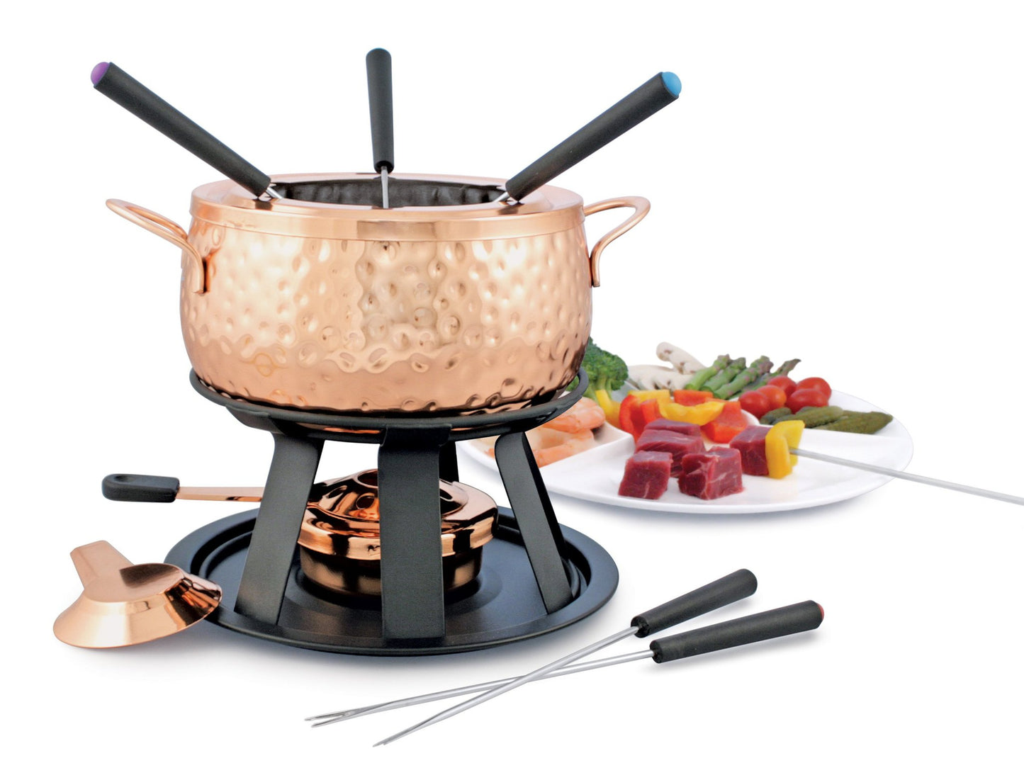Il set da 11 pezzi include pentola per fonduta, paraschizzi, 6 forchette, bruciatore per fonduta e scheda di ricette. Pentola in acciaio inox 18/8 di spessore 0,8 mm, con apertura affusolata per mantenere il calore all'interno della pentola ed evitare fuoriuscite. In negozio e online su tuttochic.it