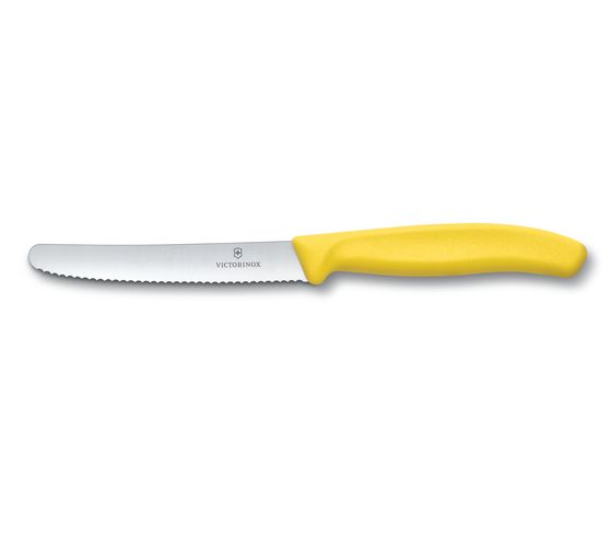 Coltello da tavola e per pomodoro realizzato in Svizzera con filo ondulato ultra affilato e con impugnatura ergonomica. Lunghezza della lama cm 11. Lavabile in lavastoviglie. In negozio e online su tuttochic.it