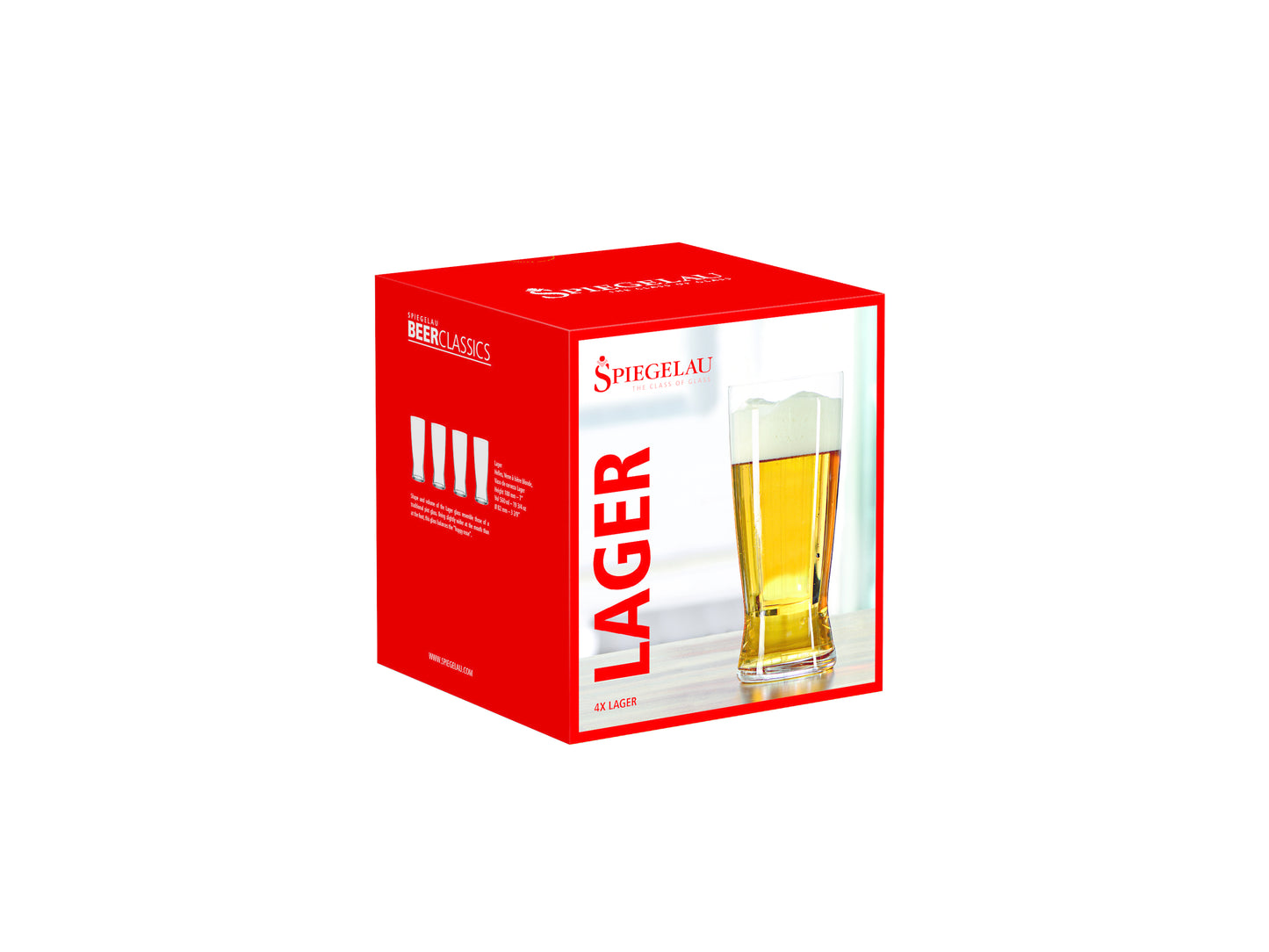 Set di 4 bicchieri per birra Lager in vetro cristallino. I bicchieri da birra classici di Spiegelau migliorano il piacere di bere birra. Dimensioni: mm 82 x 180 h - Capacità: 630 ml. Lavabile in lavastoviglie. Selezione di prodotti Spiegelau, in negozio e online su tuttochic.it