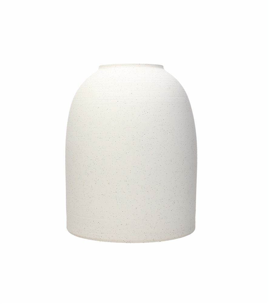 Vaso portafiori in ceramica di colore panna con decoro puntinato scuro. Dimensioni: cm 22 x 30 h