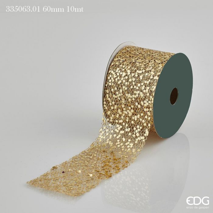 Nastro glitter oro per creare fiocchi, coccarde e decorare alberi di Natale.Rotolo da 10 metri, nastro largo 60 mm.