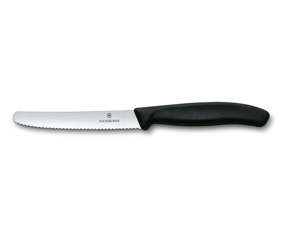Coltello da tavola e per pomodoro realizzato in Svizzera con filo ondulato ultra affilato e con impugnatura ergonomica. Lunghezza della lama cm 11. Lavabile in lavastoviglie
