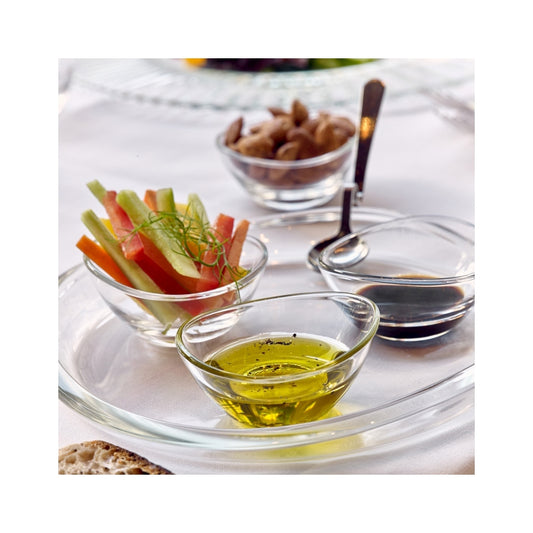 Set di 6 coppette in vetro trasparente ideali per servire salse. finger food, stuzzichini... Dimensioni: cm 8 x 4 h Capacità: 7 cl