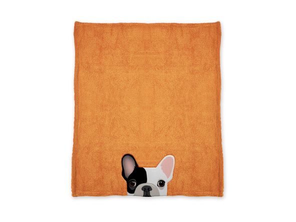 Plaid in morbidissima microfibra decorato con cagnolino "Buddy" su fondo di colore arancione. "Fatti coccolare con un morbido abbraccio". Dimensioni: cm 140 x 180 Tessuto 100% poliestere - Con bordo risvoltato. Lavabile in lavatrice a 30 gradi. In negozio e online su tuttochic.it