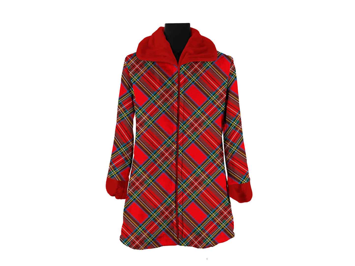 Vestaglia in morbidissima microfibra con fondo di colore rosso e decoro Tartan scozzese, un lato microfibra - un lato agnellato. "Fatti coccolare con un morbido abbraccio". Tessuto 100% poliestere. In negozio e online su tuttochic.it