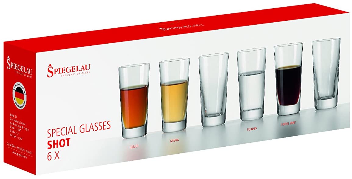 Set di 6 bicchieri da shot per digestivi (Liquori, Grappa, Schnaps, Herbal Liqueur) in vetro cristallino. Dimensioni: mm 41 x 83 h - Capacità: 55 ml. Lavabile in lavastoviglie