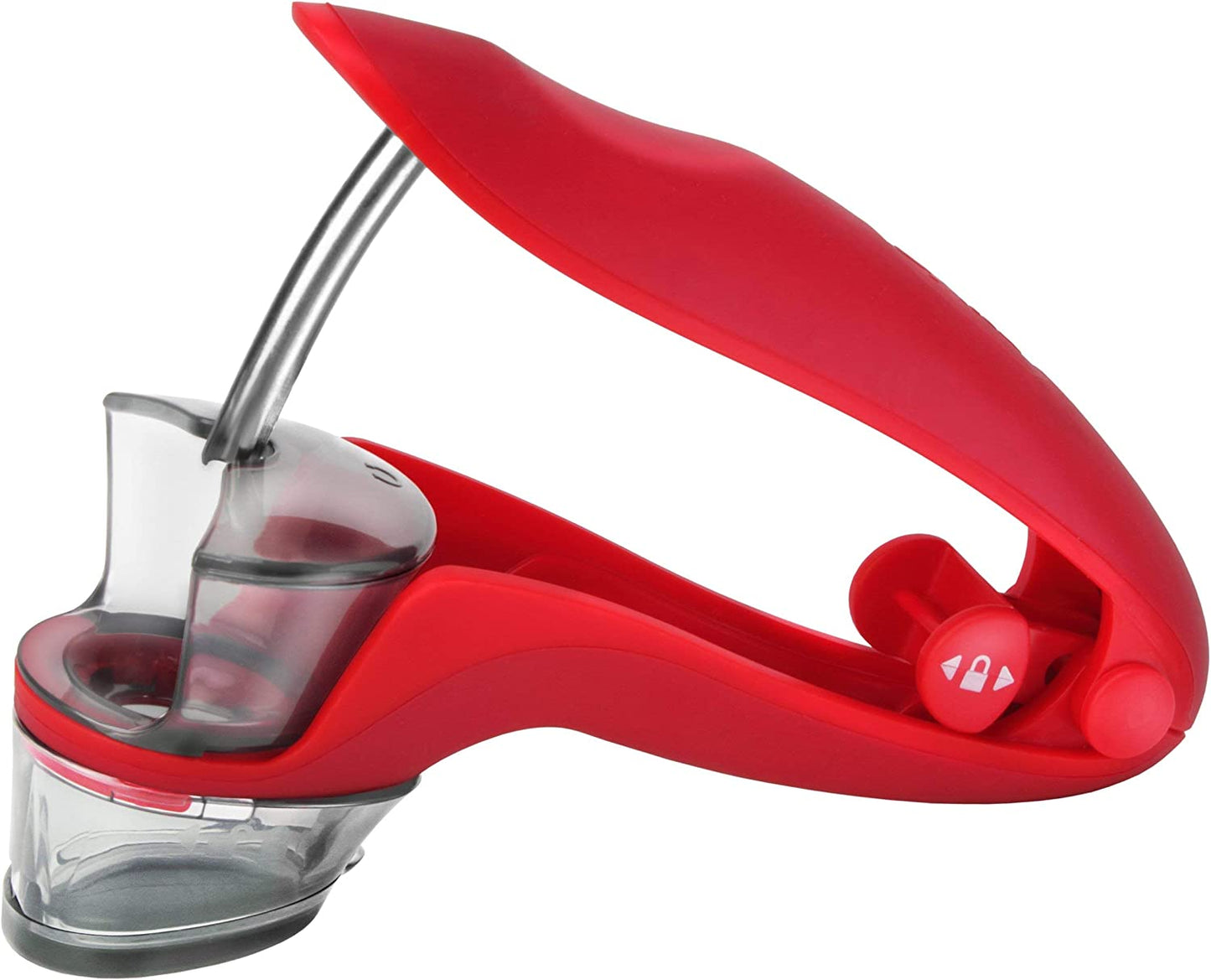 Innovativo snocciolatore di ciliegie rimuove rapidamente i noccioli dalle ciliegie con una sola spremitura. Il paraspruzzi regolabile ruota per proteggere gli utenti destrimani e mancini dagli schizzi di succo. Il serbatoio unico con fondo incernierato raccoglie i noccioli dopo essere stati rimossi dalla frutta.
