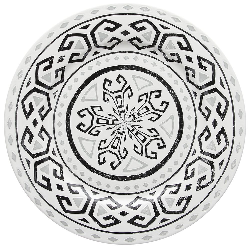 Piatto portata rotondo piano in porcellana decorata diametro cm 30. Linea Arena Tatto, un effetto vissuto intenzionale e grunge. Il tema tribale viene rivisto con questo chiaro scuro volutamente vissuto e in rilievo. Realizzati in New Bone China sono resistenti in lavastoviglie e microonde.