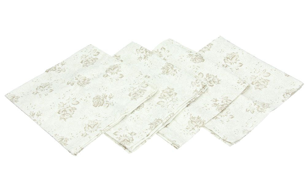 Set di 4 tovaglioli in puro cotone bianco con decoro beige. Dimensioni: cm 42 x 42