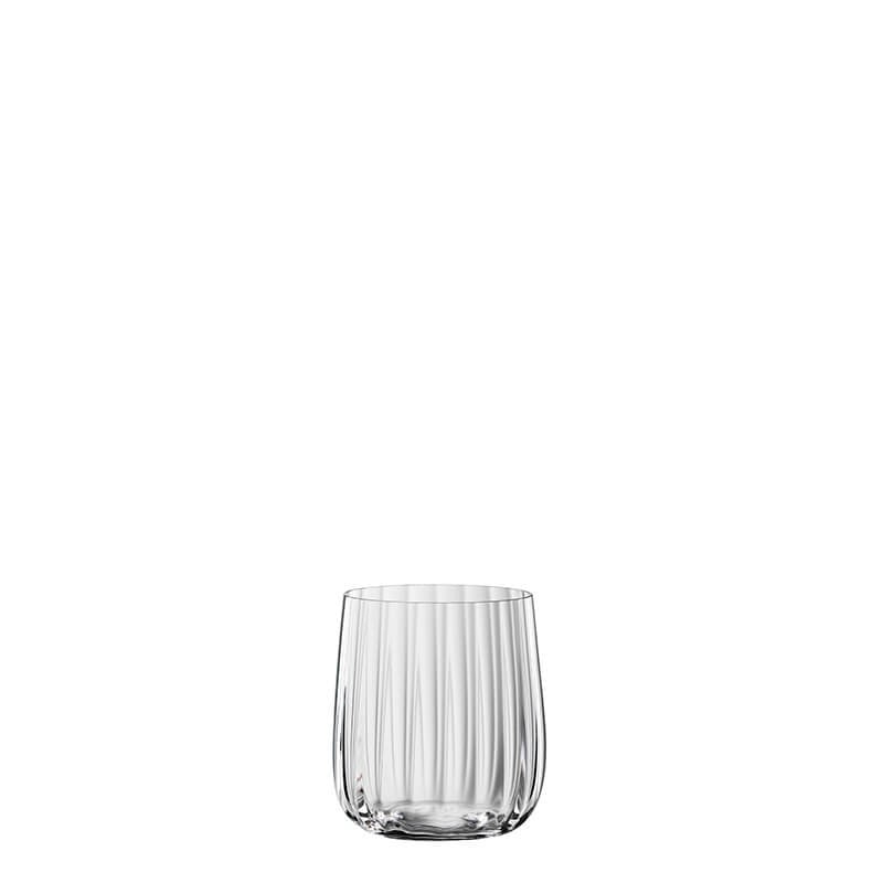 Set di 4 bicchieri tumbler in vetro cristallino lavorato. Dimensioni: mm 83 x 90 h - Capacità: 340 ml Lavabile in lavastoviglie. In negozio e online su tuttochic.it