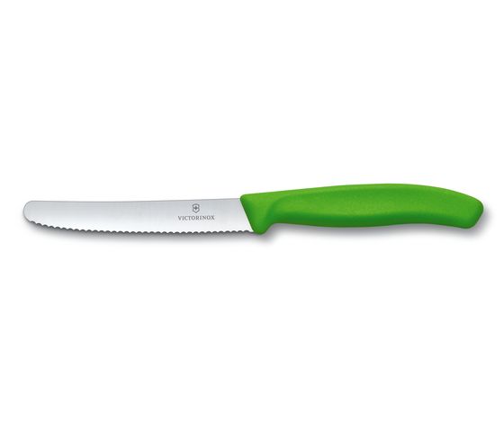Coltello da tavola e per pomodoro realizzato in Svizzera con filo ondulato ultra affilato e con impugnatura ergonomica. Lunghezza della lama cm 11. Lavabile in lavastoviglie. In negozio e online su tuttochic.it