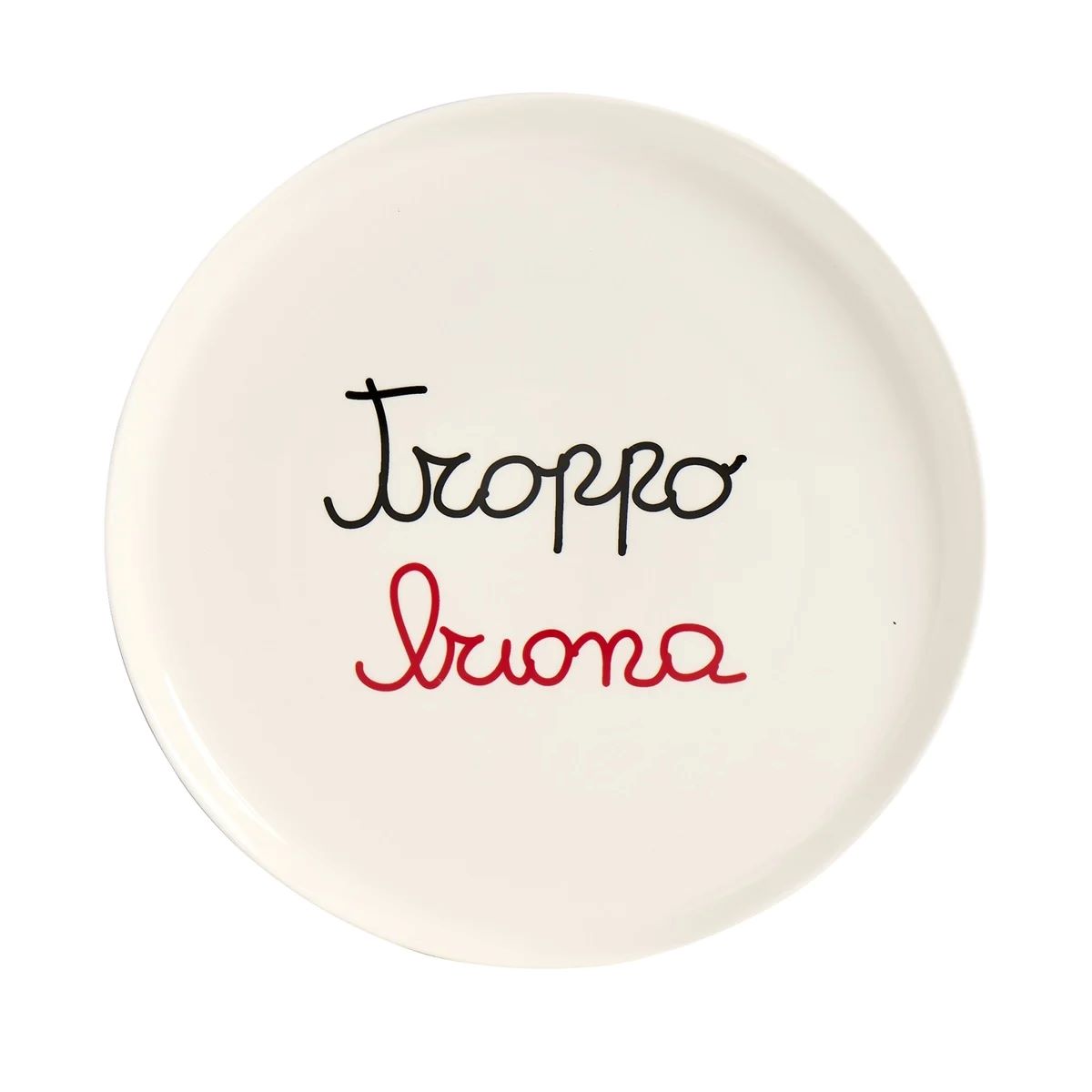 Prendi la sfida e goditi la tua pizza preferita su questo piatto in gres ceramico "troppo buona"! Con un divertente decoro che ti farà sorridere, questo piatto è resistente e facile da pulire. Diametro: 31,5 cm Lavabile in lavastoviglie. In negozio e online su tuttochic.it