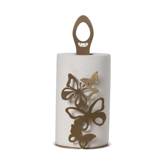 Portarotolo da tavolo Farfalloso! Realizzato in metallo colorato, il suo design unico e originale è caratterizzato da quattro farfalle frontali di varie dimensioni, con ali finemente traforate. Dimensioni: 15 x 33 H cm. In negozio e online su tuttochic.it