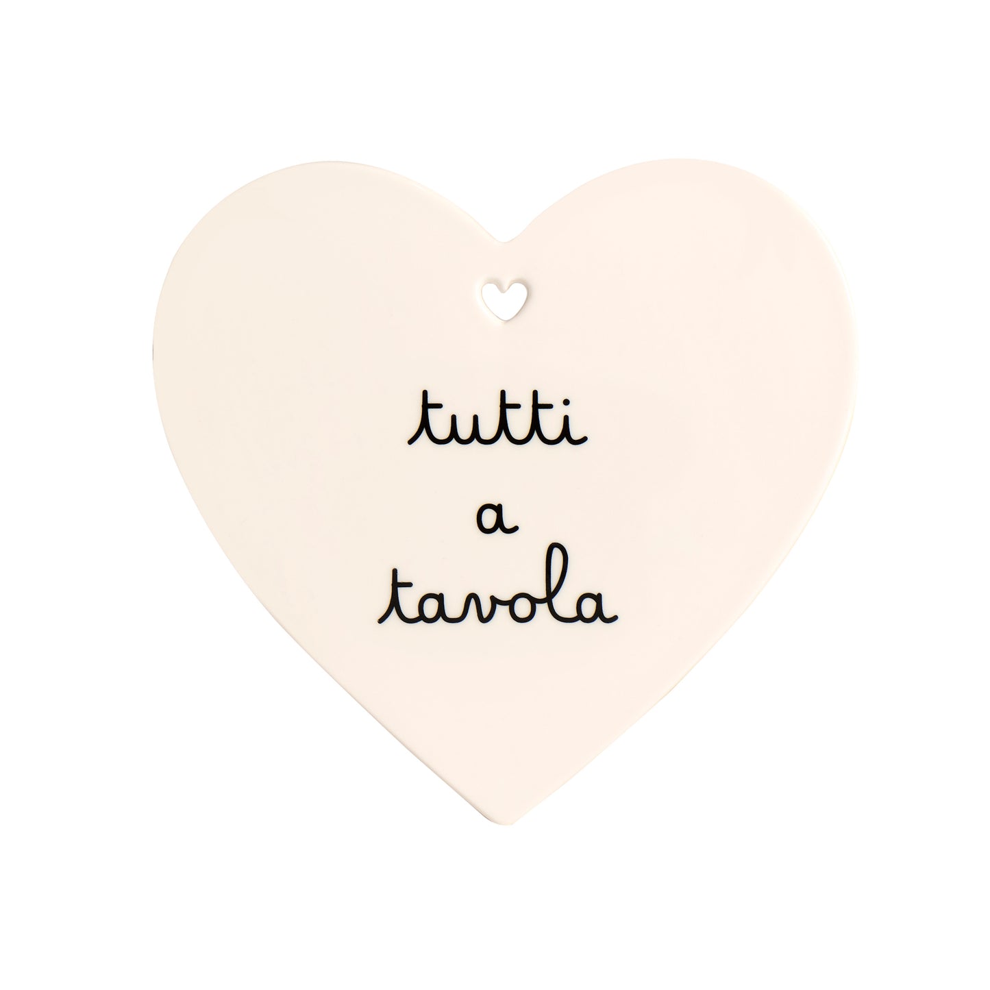 Sottopentola a forma di cuore in gres color panna con scritta nera "Tutti a tavola", Simple Day.