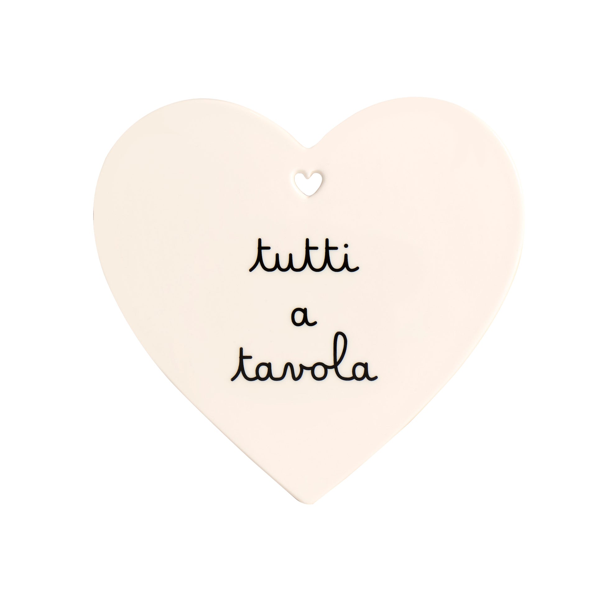 Sottopentola a forma di cuore in gres color panna con scritta nera "Tutti a tavola", Simple Day.