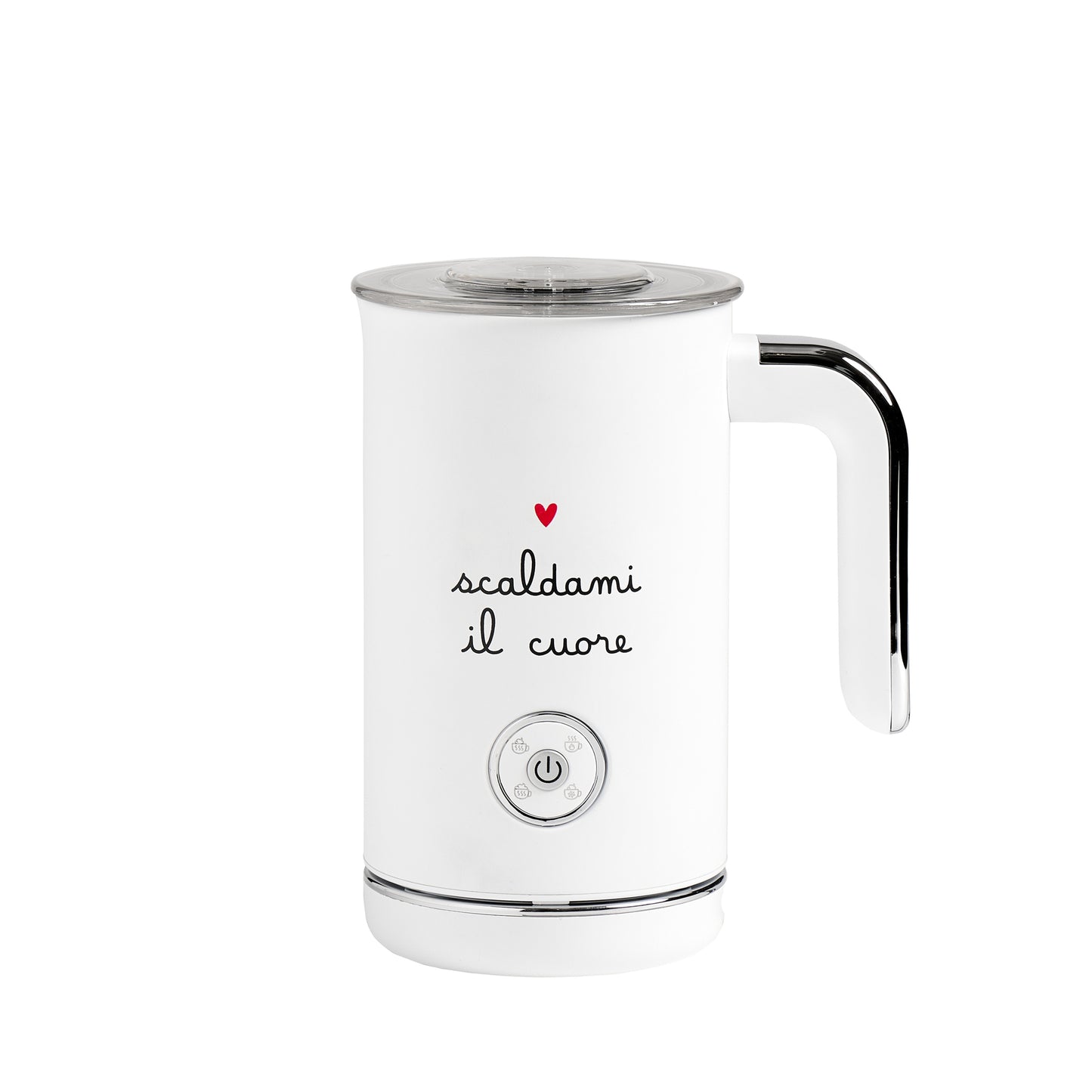 Montalatte elettrico Simple Day bianco in metallo con scritta decorativa "Scaldami il cuore".