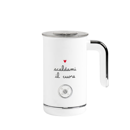 Montalatte elettrico Simple Day bianco in metallo con scritta decorativa "Scaldami il cuore".