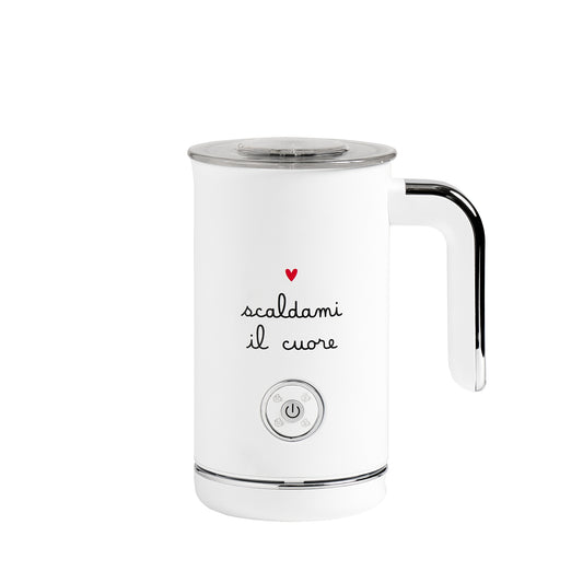 Montalatte elettrico Simple Day bianco in metallo con scritta decorativa "Scaldami il cuore".