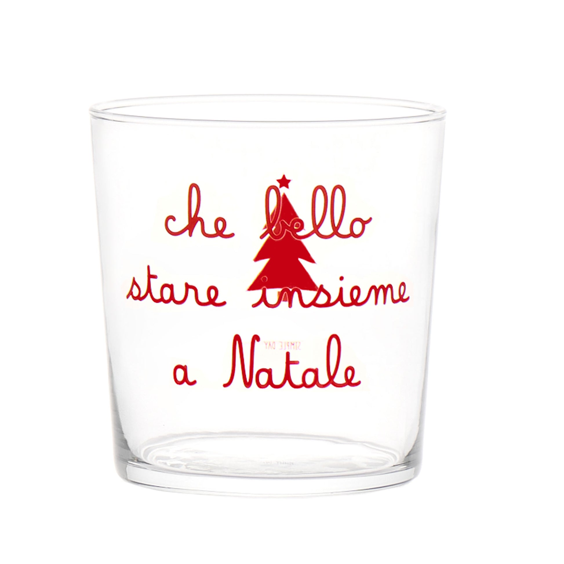 Esaltate la vostra tavola con il Set 6 Bicchieri acqua "che bello stare insieme a Natale". Realizzati in vetro temperato con una delicata scritta rosso rubino serigrafata, questi bicchieri sono perfetti per aggiungere un tocco di eleganza durante le festività.  Capacità: 35,5 cl. In negozio e online su tuttochic.it