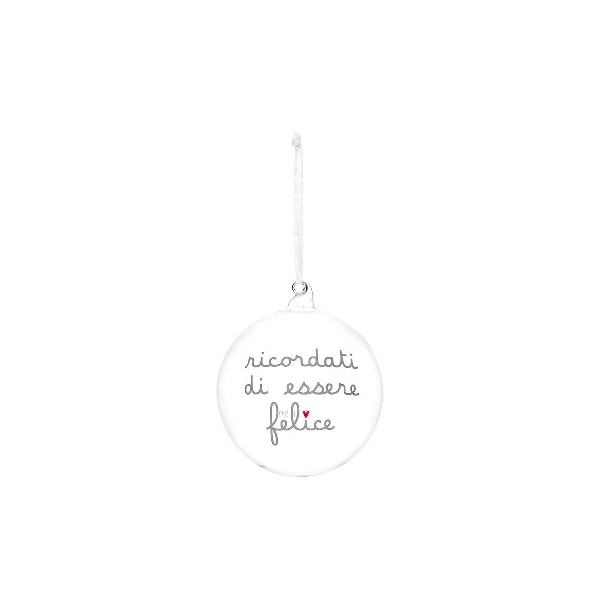 Aggiungi un tocco di eleganza al tuo albero di Natale con questa pallina realizzata in vetro borosilicato, un materiale trasparente, resistente e brillante, questa pallina porta un messaggio di ispirazione: "ricordati di essere felice". Dimensione: 12 cm. In negozio e online su tuttochic.it