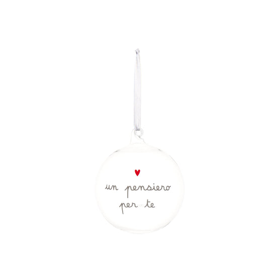 Aggiungi un tocco di eleganza al tuo albero di Natale con questa pallina realizzata in vetro borosilicato, un materiale trasparente, resistente e brillante, questa pallina porta un messaggio di ispirazione: "un pensiero per te". Dimensione: 12 cm. In negozio e online su tuttochic.it